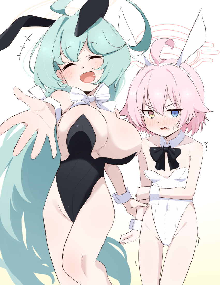 2girls ahoge animal_ears aqua_hair averting_eyes bare_shoulders black_leotard blue_archive blue_eyes blush breasts closed_mouth commentary cowboy_shot detached_collar donutman embarrassed facing_viewer fake_animal_ears fang foreshortening heterochromia highleg highleg_leotard highres holding_another's_wrist hoshino_(blue_archive) hoshino_(young)_(blue_archive) huge_breasts leotard long_hair multiple_girls open_mouth outstretched_arm oversized_breast_cup paid_reward_available pink_hair playboy_bunny rabbit_ears reaching reaching_towards_viewer short_hair simple_background smile strapless strapless_leotard symbol-only_commentary undersized_breast_cup v-shaped_eyebrows very_long_hair white_background white_leotard wrist_cuffs yellow_eyes yume_(blue_archive)