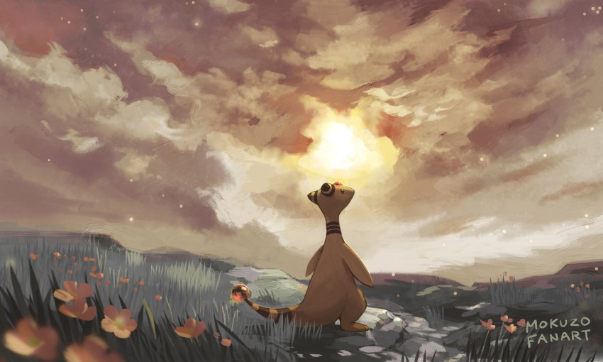 ampharos black_eyes cloud cloudy_sky flower grass highres looking_up mokuzou_(moku_ssbu) no_humans orange_flower outdoors pokemon pokemon_(creature) signature sky solo standing sun twilight