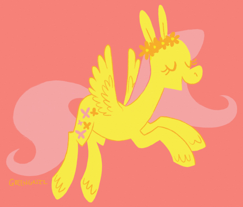 2023 artist_name cloven_hooves colored cutie_mark digital_drawing_(artwork) digital_media_(artwork) equid equine eyelashes eyes_closed feathered_wings feathers female feral flat_colors flower flower_crown fluttershy_(mlp) flying friendship_is_magic greengrizz hair hasbro hi_res hooves long_hair long_mane long_tail mammal mane my_little_pony open_mouth orange_flower pegasus pink_background pink_hair pink_mane pink_tail plant quadruped simple_background smile solo tail wings yellow_body