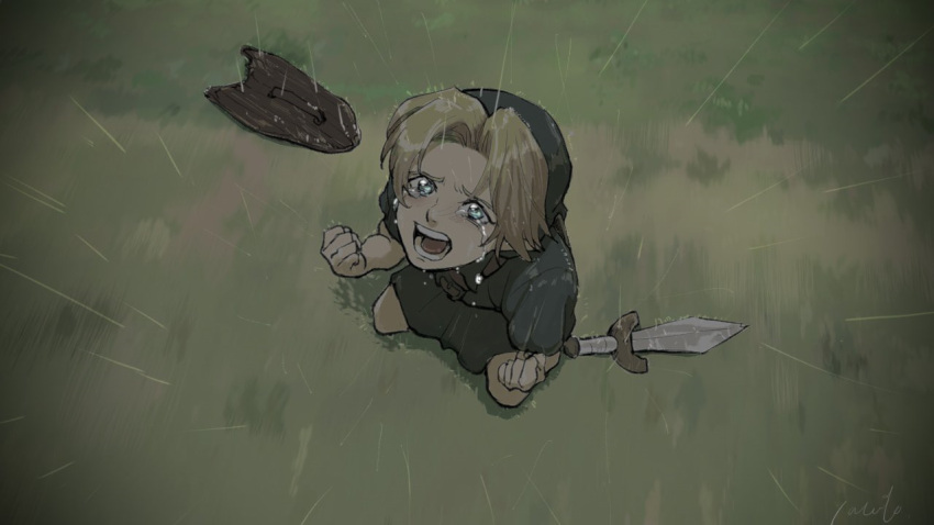 1boy blonde_hair commentary crying crying_with_eyes_open deku_shield from_above green_headwear green_tunic kneeling link looking_up on_grass on_ground open_mouth rain screaming shield solo sword takapon-o-ji tears the_legend_of_zelda the_legend_of_zelda:_ocarina_of_time weapon young_link