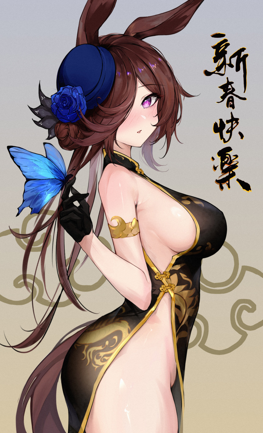 1girl absurdres animal_ears bare_shoulders black_gloves blue_butterfly breasts brown_hair bug butterfly china_dress chinese_clothes dress from_side gloves hair_over_one_eye hat hermityy highres horse_ears horse_girl horse_tail long_hair looking_at_viewer rice_shower_(umamusume) side_slit sideboob sleeveless sleeveless_dress solo tail umamusume