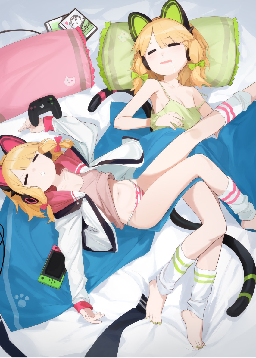 2girls absurdres alternate_costume animal_ear_headphones animal_ears blonde_hair blue_archive bow bow_panties breasts camisole cat_ear_headphones cat_ears cat_tail closed_eyes collarbone commentary controller fake_animal_ears fake_tail frilled_pillow frills game_controller gamepad green_bow green_camisole green_nails headphones highres hokushuu jacket leg_warmers long_sleeves low-tied_sidelocks midori_(blue_archive) momoi_(blue_archive) multiple_girls nail_polish navel nintendo_switch open_mouth panties pillow pink_camisole pink_panties red_bow short_hair siblings sisters sleeping small_breasts strap_slip striped_clothes striped_leg_warmers striped_panties tail toenail_polish toenails toes twins underwear white_jacket white_leg_warmers