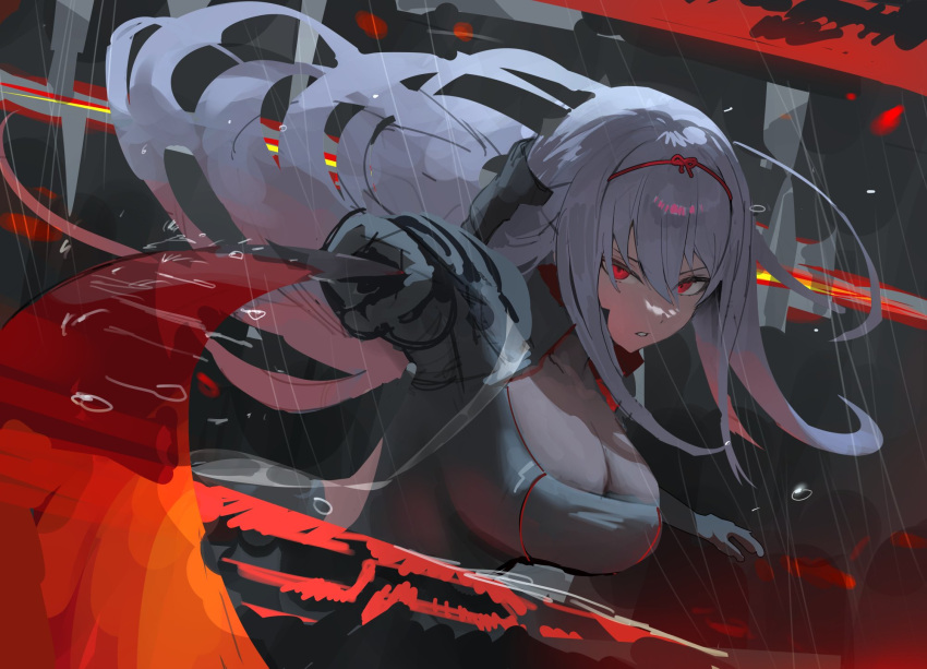 1girl black_gloves breasts cleavage gloves goddess_of_victory:_nikke grey_hair highres holding holding_sword holding_weapon hood_(james_x) katana large_breasts long_hair long_sleeves looking_at_viewer outdoors parted_lips rain red_eyes scarlet_(black_shadow)_(nikke) scarlet_(nikke) solo swinging sword upper_body water water_drop weapon