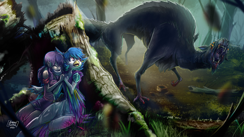 2017 3_fingers 3_toes 5_fingers absurd_res ambiguous_gender anthro avian beak bird blood blood_in_mouth blood_on_face blue_hair bodily_fluids clothed clothing container covering covering_mouth crystal detailed_background dirt dress elf eyes_closed fallen_tree fangs feathers feet female feral fingers fur gem grass grey_body grey_fur group hair hi_res hiding hiding_behind_object humanoid kiaun kneeling monster multi_eye nosebleed on_knee open_mouth perico pink_eyes plant purple_hair red_eyes roaring saliva straviios teeth toes tongue tree trio white_body white_fur