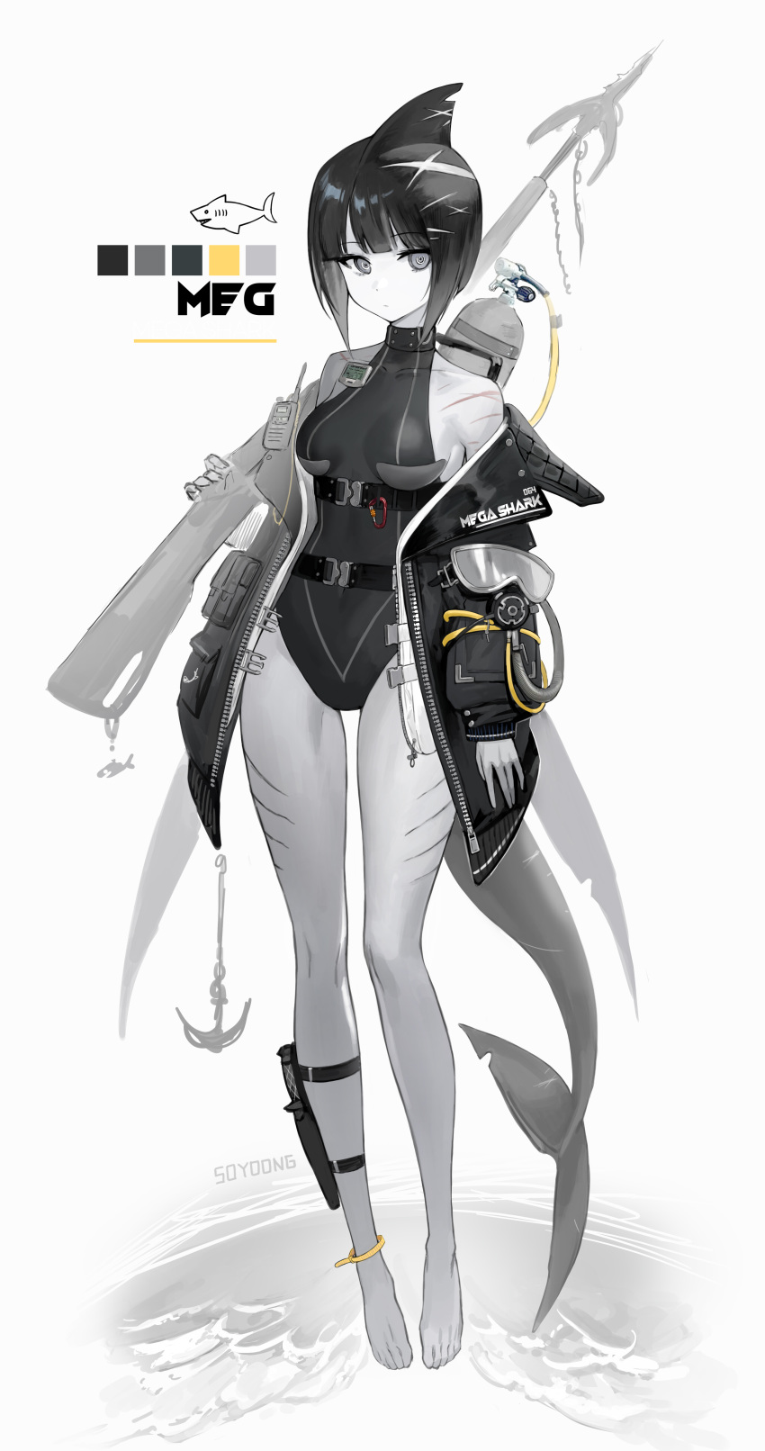 1girl absurdres bangs bare_legs barefoot bell black_hair black_swimsuit breasts colored_skin full_body goggles goggles_removed grey_eyes grey_skin gun harpoon_gun head_fins highres holding holding_gun holding_weapon jacket jingle_bell long_sleeves looking_at_viewer medium_breasts off_shoulder one-piece_swimsuit open_clothes open_jacket original oxygen_tank puffy_long_sleeves puffy_sleeves scar scar_on_arm short_hair solo soyoong_jun swimsuit weapon