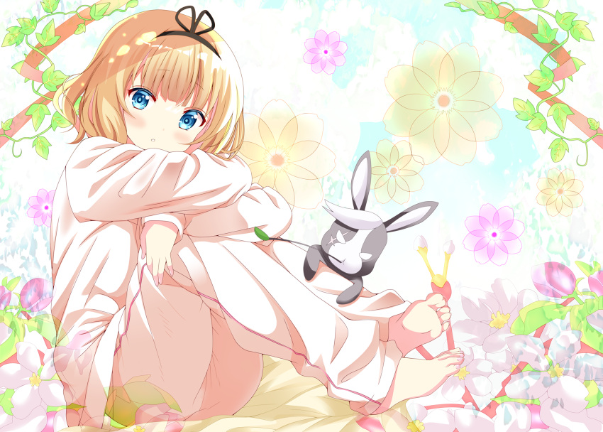 1girl barefoot black_hairband blonde_hair blue_eyes blunt_bangs from_side full_body gochuumon_wa_usagi_desu_ka? hairband highres hugging_own_legs kirima_syaro kohakugin long_sleeves looking_at_viewer medium_hair pajamas pants parted_lips rabbit shirt sitting sleepwear soles solo white_pants white_shirt wild_geese