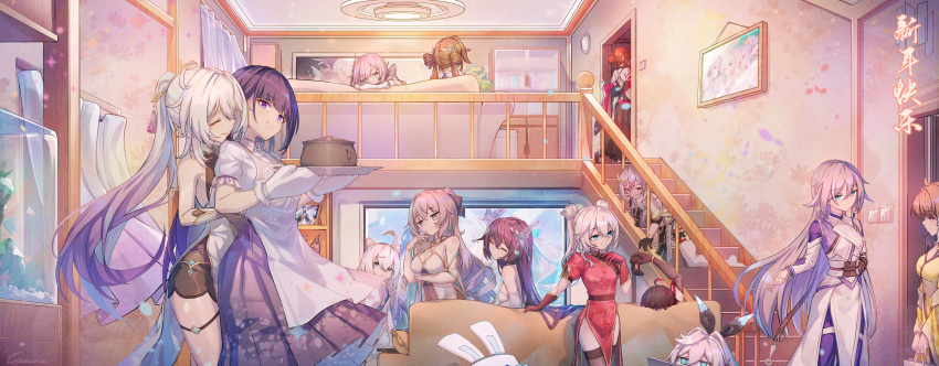 6+girls absurdres apron bronya_zaychik bronya_zaychik_(silverwing:_n-ex) caisena character_request controller cooking_pot couch curtains elysia_(honkai_impact) fu_hua fu_hua_(azure_empyrea) fu_hua_(herrscher_of_sentience) game_controller highres honkai_(series) honkai_impact_3rd kiana_kaslana kiana_kaslana_(herrscher_of_finality) li_sushang multiple_girls murata_himeko picture_frame raiden_mei seele_(alter_ego) seele_vollerei seele_vollerei_(herrscher_of_rebirth) seele_vollerei_(starchasm_nyx) stairs theresa_apocalypse