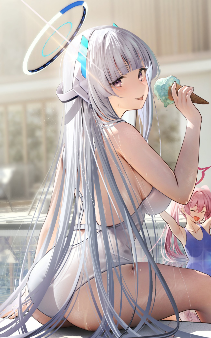 2girls armpits arms_up ass backless_swimsuit bare_arms bare_shoulders blue_archive blue_one-piece_swimsuit breasts closed_eyes collarbone from_behind halo headgear highres holding_ice_cream_cone koyuki_(blue_archive) large_breasts light_rays long_hair looking_at_viewer looking_back multiple_girls nanaken_nana noa_(blue_archive) one-piece_swimsuit open_mouth pink_hair pink_halo poolside purple_eyes smile solo_focus swimsuit tongue tongue_out twintails very_long_hair wet wet_clothes wet_swimsuit white_hair white_halo white_one-piece_swimsuit white_swimsuit