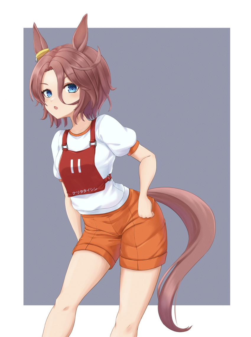 1girl animal_ears blue_eyes brown_hair character_name commentary ear_ornament grey_background gym_shirt gym_shorts gym_uniform hair_between_eyes highres horse_ears horse_girl horse_tail kemuri_(etep3372) leaning_forward looking_at_viewer narita_taishin_(umamusume) open_mouth orange_shorts race_queen shirt short_hair short_sleeves shorts solo standing t-shirt tail translated umamusume white_shirt