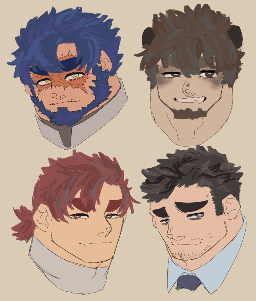 4boys animal_ears bahamut_(bahamunoaka9) bara bear_ears beard black_hair blue_hair brown_hair cropped_head facial_hair fang full_beard furrowed_brow goatee goatee_stubble grin highres huge_eyebrows male_focus mature_male multiple_boys mustache_stubble nervous original red_hair scar scar_across_eye scar_across_eyes short_hair smile stubble thick_beard thick_neck tusks