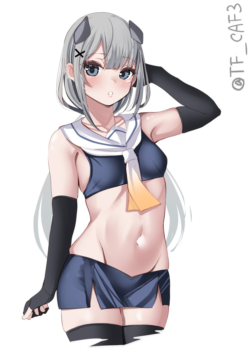 1girl arm_up armpits black_gloves blue_skirt commentary_request cowboy_shot crop_top elbow_gloves fake_horns fingerless_gloves gloves gradient_neckerchief grey_eyes grey_hair grey_neckerchief groin hair_ornament headgear highres horned_headwear horns i-201_(kancolle) kantai_collection long_hair navel neckerchief one-hour_drawing_challenge pencil_skirt sailor_collar skirt solo tf_cafe twitter_username white_background white_neckerchief white_sailor_collar x_hair_ornament