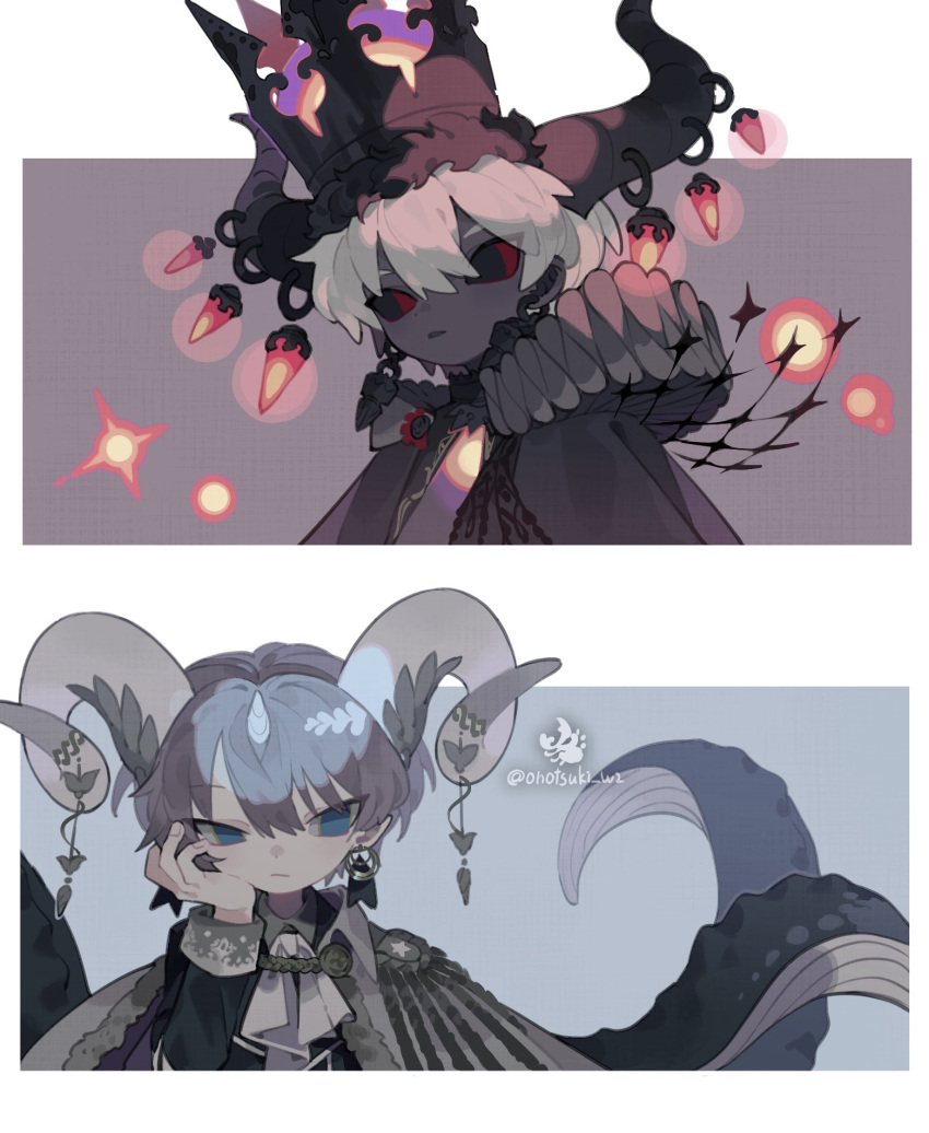 2boys :/ artist_logo artist_name bird black_cape black_eyes black_horns black_jacket black_skin blue_background blue_eyes cape closed_mouth collared_jacket colored_sclera colored_skin crow curled_horns earrings fur-trimmed_cape fur-trimmed_headwear fur_trim grey_cape grey_hair grey_horns grey_sclera hair_between_eyes hand_on_own_cheek hand_on_own_face hand_up highres hollow_body horn_cover horn_piercing horns jacket jewelry light_brown_hair long_sleeves looking_to_the_side male_focus multicolored_background multiple_boys multiple_horns neck_ruff onotsuki_w2 open_mouth original purple_background red_sclera short_hair tentacles twitter_username upper_body