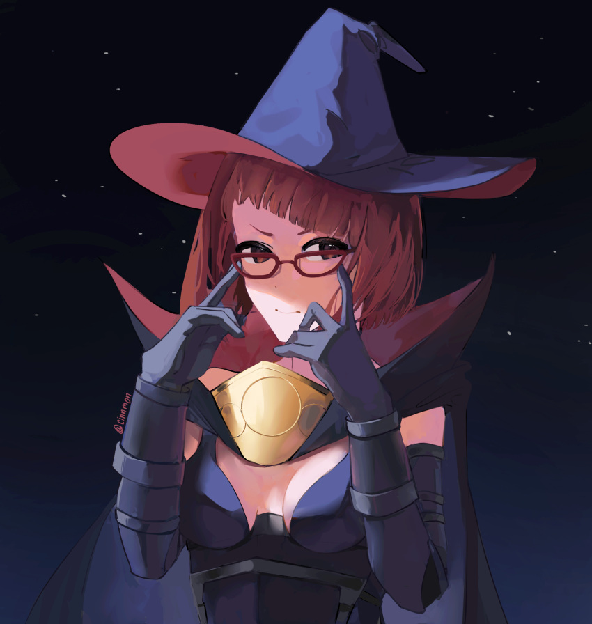 1girl adjusting_eyewear bangs breasts cleavage closed_mouth commission commissioner_upload diagonal_bangs fire_emblem fire_emblem_awakening hat highres keycinnmon looking_at_viewer medium_breasts medium_hair miriel_(fire_emblem) night night_sky non-web_source official_alternate_costume red_eyes red_eyewear red_hair sky star_(sky) starry_sky witch_hat