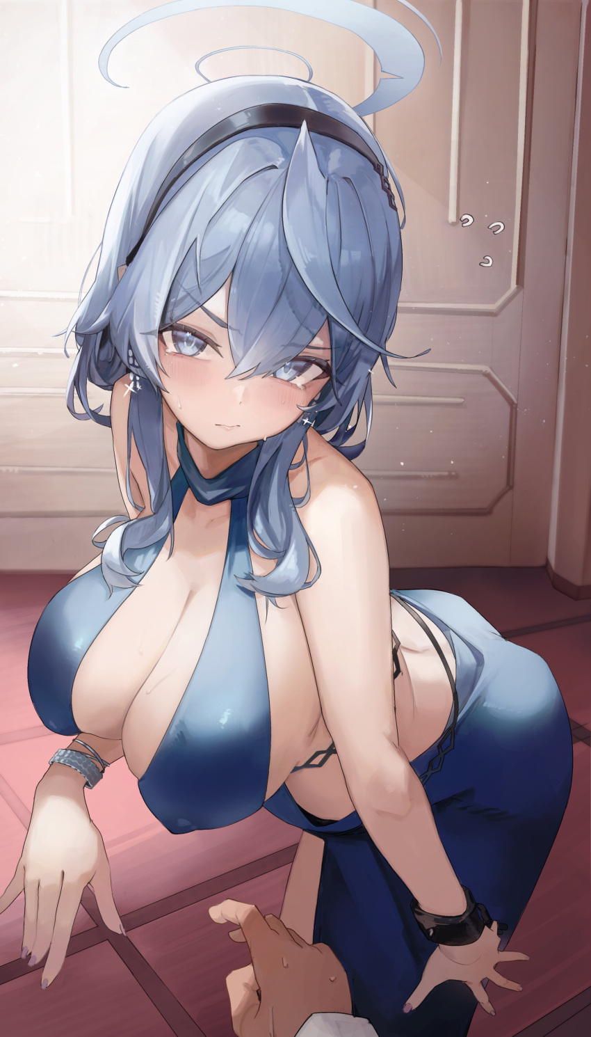 1girl 1other absurdres ako_(blue_archive) ako_(dress)_(blue_archive) backless_dress backless_outfit bare_shoulders black_hairband blue_archive blue_dress blue_eyes blue_hair blue_halo blush breasts cleavage closed_mouth commentary dress embarrassed flying_sweatdrops hair_between_eyes hairband halo highres indoors jun_daniell large_breasts leaning_forward pov pov_hands sleeveless sleeveless_dress