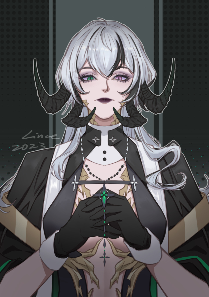 1girl 2023 absurdres alternate_form black_gloves black_lips black_robe breasts breasts_apart center_opening chinese_commentary commentary cross cross_necklace dragon_girl dragon_horns eyeshadow gloves green_eyes grey_background hair_between_eyes highres holding holding_jewelry holding_necklace horns jewelry linceyang long_hair looking_at_viewer looking_down makeup medium_breasts mole mole_on_nose monsterification multicolored_hair necklace oak_casket_(path_to_nowhere) outline own_hands_together path_to_nowhere pink_eyes polka_dot polka_dot_background purple_eyeshadow robe scales signature slit_pupils solo straight-on streaked_hair upper_body white_hair white_outline