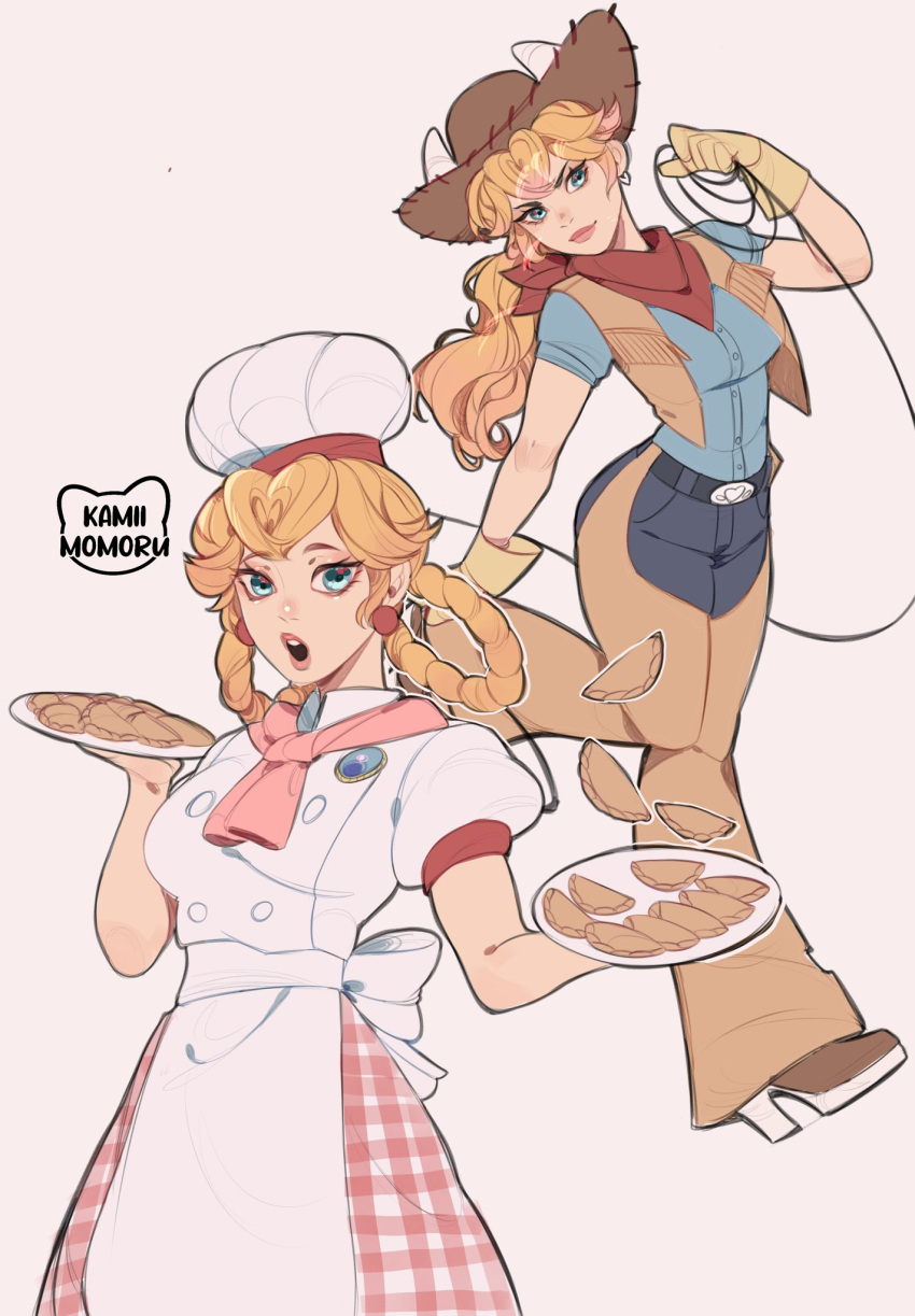 2girls apron artist_name blonde_hair blue_eyes blue_shirt brooch brown_gloves brown_vest chef_hat cookie cowboy_hat cowgirl_peach denim dual_persona earrings food gloves hair_rings hat highres holding holding_plate holding_rope jeans jewelry kamii_momoru long_hair looking_at_viewer mario_(series) multiple_girls neckerchief official_alternate_costume official_alternate_hairstyle open_clothes open_mouth open_vest pants patissiere_peach plate princess_peach princess_peach:_showtime! puffy_short_sleeves puffy_sleeves red_neckerchief rope shirt short_sleeves simple_background sphere_earrings vest white_apron white_background white_headwear