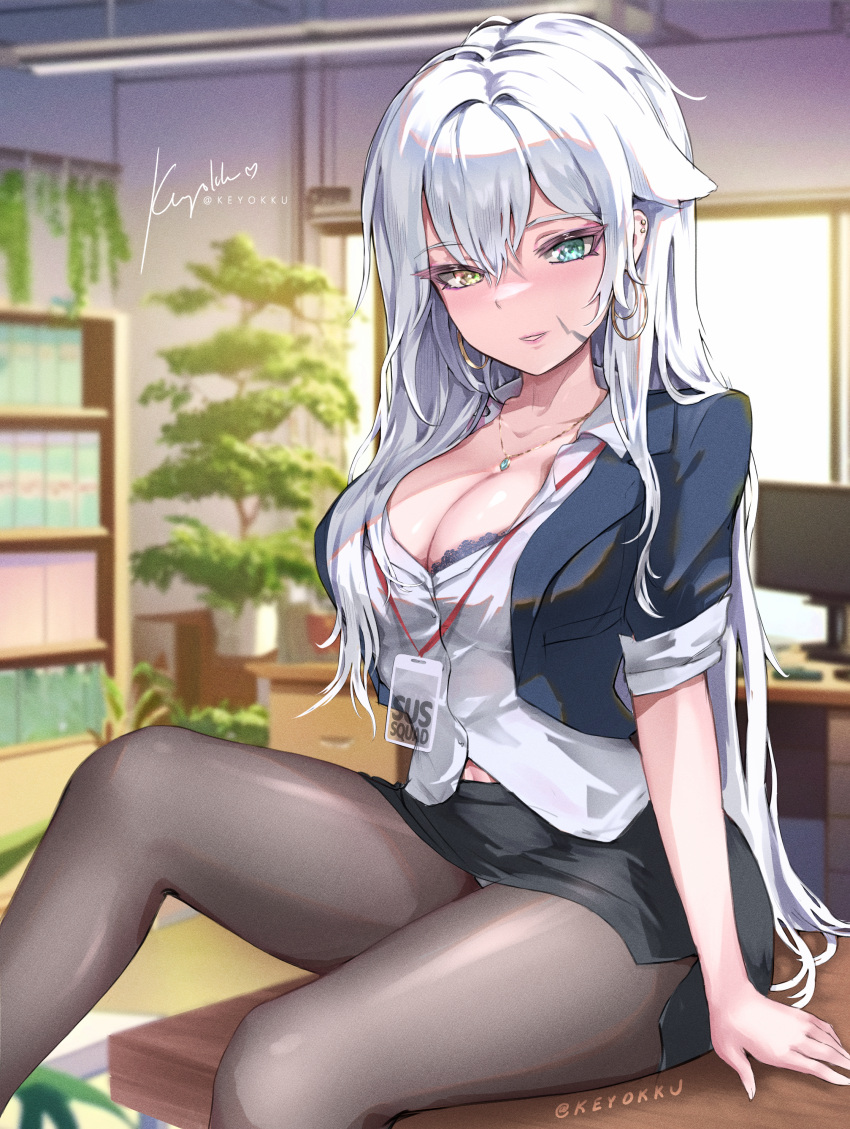 1girl absurdres artist_name black_skirt blush bra breasts brown_pantyhose cleavage desk dress_shirt earrings facial_hair green_eyes grey_bra grey_hair grey_jacket heterochromia highres hoop_earrings indie_virtual_youtuber indoors jacket jewelry keyokku keyokku_(vtuber) lace-trimmed_bra lace_trim lanyard large_breasts long_hair long_sleeves looking_at_viewer miniskirt monitor necklace neon_lights nose_blush office office_lady on_desk original pantyhose pencil_skirt plant potted_plant shirt side_slit sitting sitting_on_desk skirt sleeves_pushed_up solo underwear very_long_hair virtual_youtuber white_hair white_shirt window yellow_eyes