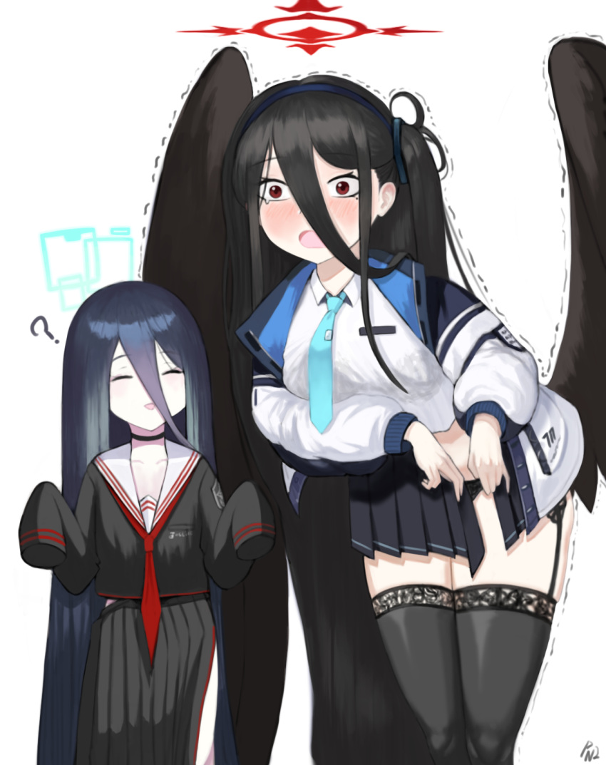 2girls ? alternate_costume aris_(blue_archive) aris_(blue_archive)_(cosplay) black_serafuku black_thighhighs blue_archive blue_necktie closed_eyes cosplay costume_switch crying garter_belt garter_straps halo hasumi_(blue_archive) hasumi_(blue_archive)_(cosplay) highres jacket long_skirt multiple_girls necktie oversized_clothes penchamu! school_uniform serafuku shirt skirt streaming_tears tears thighhighs white_background white_jacket white_shirt