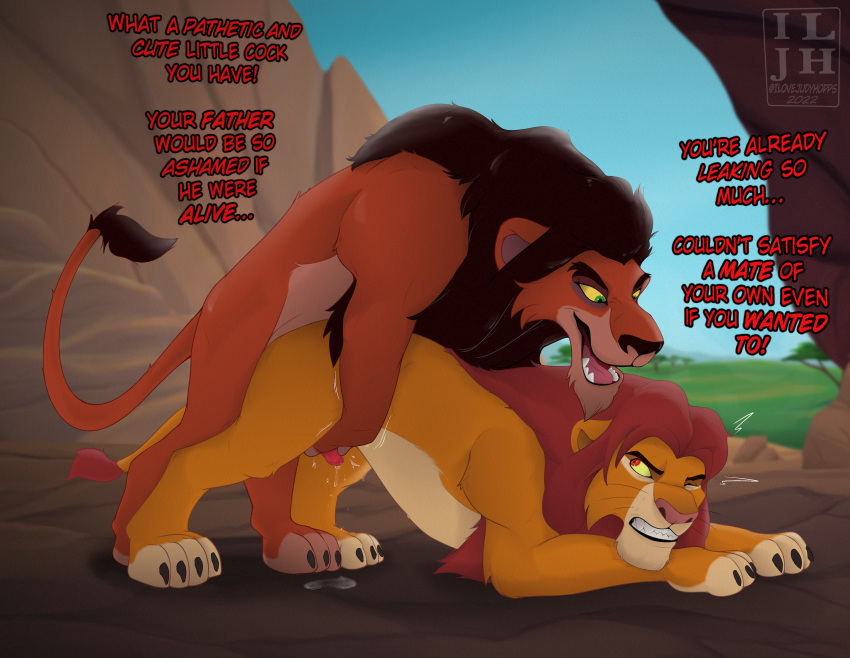 all_fours bent_over bodily_fluids clenched_teeth cum cum_drip digital_media_(artwork) disney dominant dominant_feral dominant_male dripping duo felid feral forced genital_fluids genitals hi_res ilovejudyhopps incest_(lore) lion looking_up male male/male mammal masturbation motion_lines nephew open_mouth pantherine penis raised_tail rape scar_(the_lion_king) sex simba small_penis teeth text the_lion_king thrusting uncle uncle_and_nephew villainous