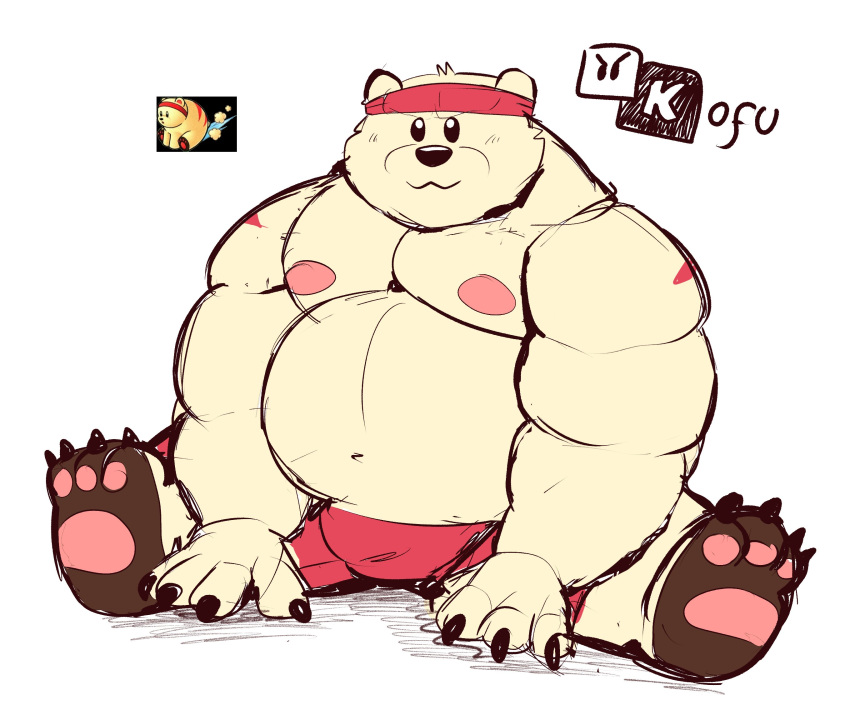 anthro bandanna barefoot bear belly bulge clothing fangs feet fur grizzo hi_res kerchief kofu_grizzly_chubby male mammal markings musclegut muscular navel nipples polar_bear red_clothing red_markings sign simple_background simple_eyes sketch smile solo teeth ursine white_body white_fur