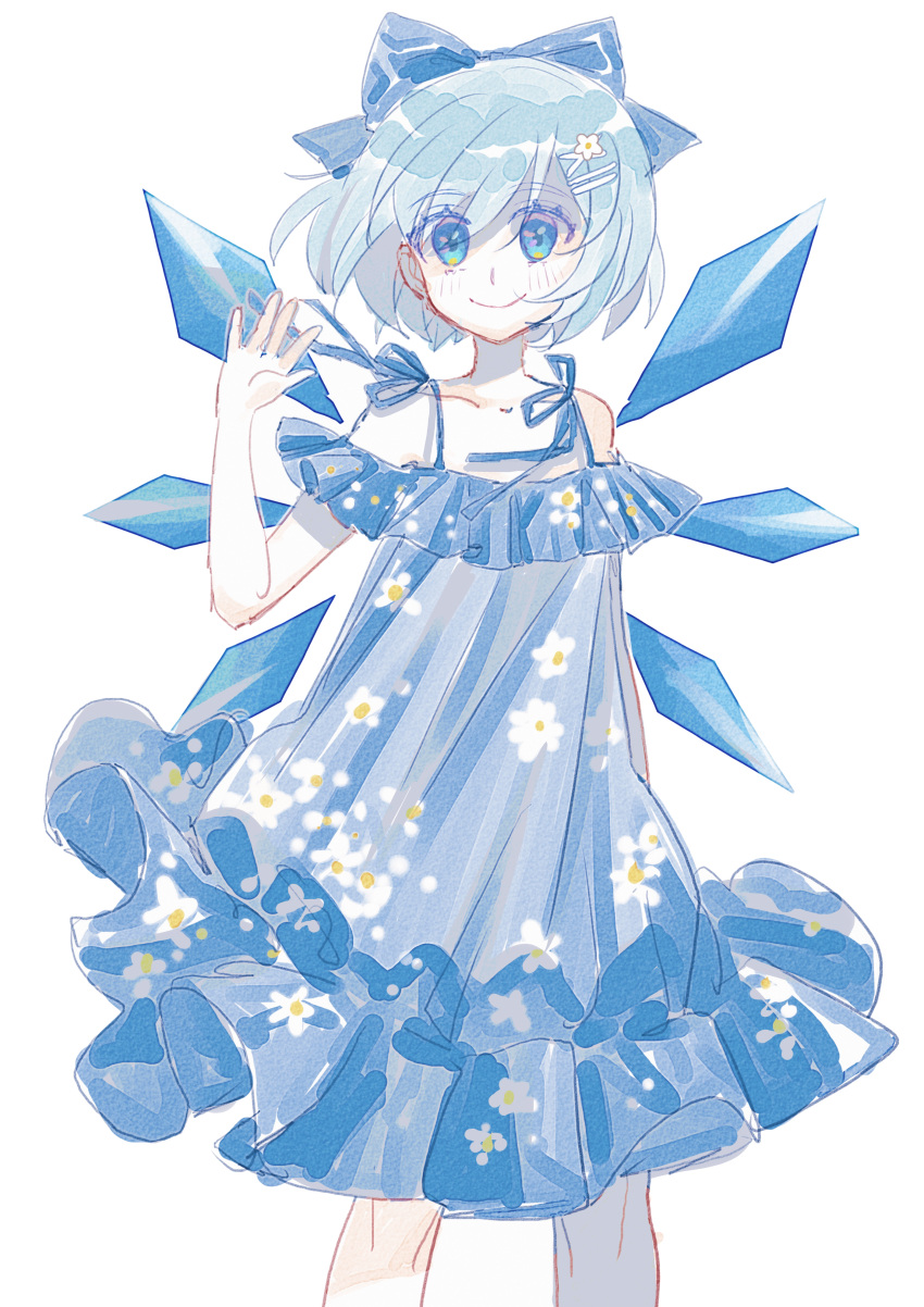 1girl absurdres alternate_costume blue_bow blue_dress blue_eyes blue_hair bow cirno closed_mouth cowboy_shot detached_wings dress floral_print_dress hair_bow highres light_smile looking_at_viewer shocho_(shaojiujiu) simple_background solo touhou white_background wings