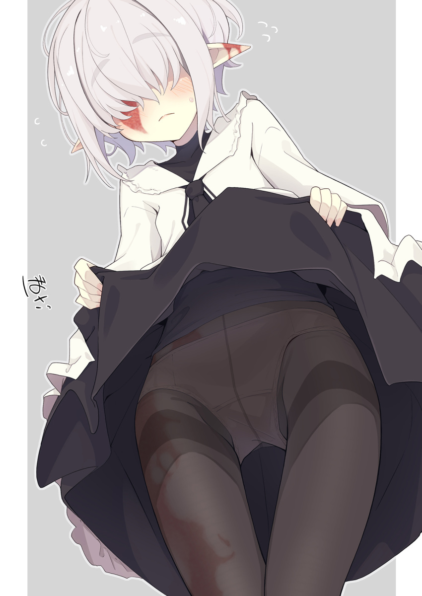 1girl abelia_(ogami_kazuki) ahoge black_dress black_necktie black_pantyhose blush burn_scar closed_mouth clothes_lift dress highres long_sleeves necktie ogami_kazuki original panties pantyhose pointy_ears scar skirt skirt_lift solo sweatdrop thick_eyebrows underwear white_dress white_hair white_panties