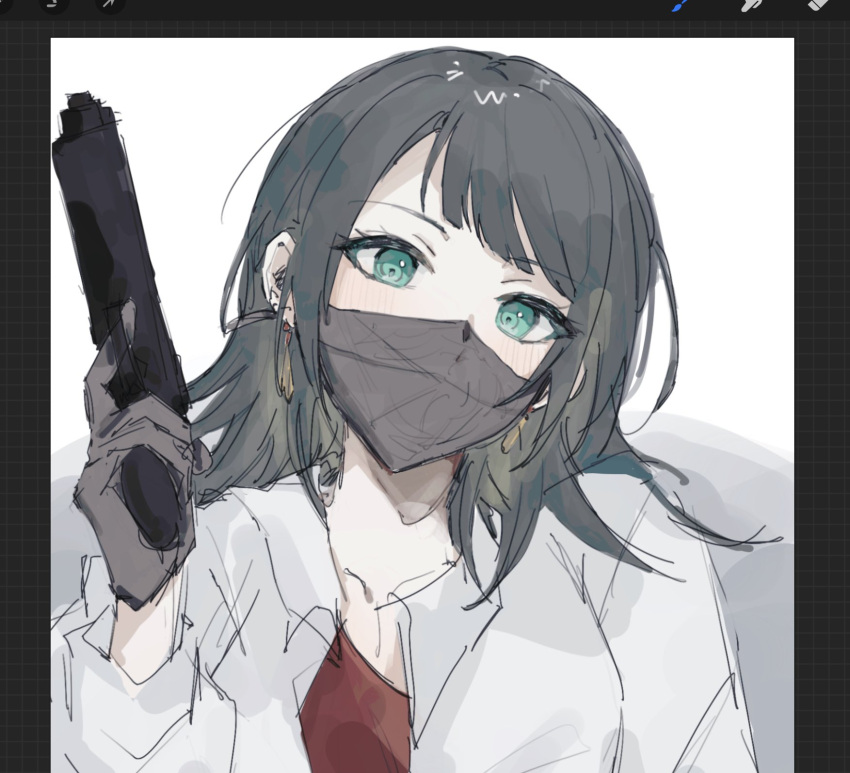 1girl art_program_in_frame bang_dream! bang_dream!_it's_mygo!!!!! black_hair blush chinese_commentary collared_shirt commentary_request earrings finger_on_trigger gloves green_eyes gun handgun highres holding holding_gun holding_weapon jewelry looking_at_viewer mask medium_hair mouth_mask pann_(1202zzzx00) procreate_(medium) shirt solo upper_body weapon white_shirt yahata_umiri