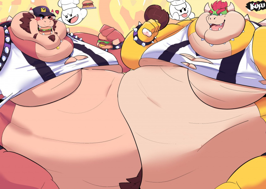 anthro beard belly boo_(mario) bowser bracelet brown_body burger clothing duo facial_hair feeding food ghost hat headgear headwear jewelry kofu_(character) kofu_grizzly_chubby koopa male male/male mammal mario_bros muscular nintendo overweight overweight_male pubes red_eyes reptile scalie simple_background spirit torn_clothing yellow_body