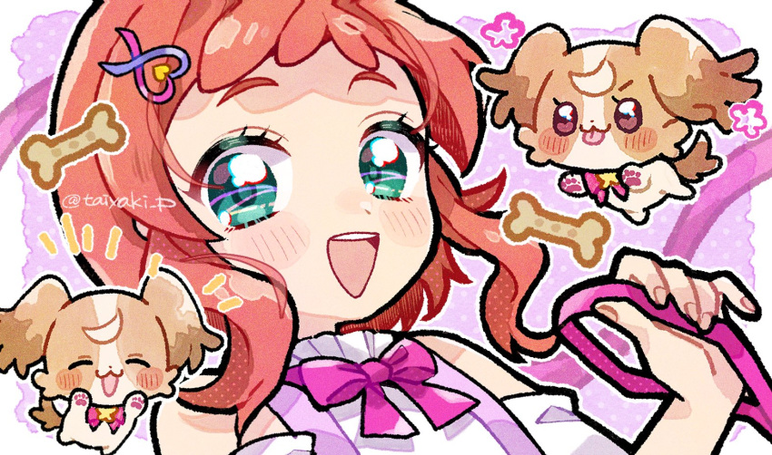 1girl :3 blush_stickers bone bow detached_sleeves doradorakingyo eyelashes fingernails green_eyes hair_ornament holding holding_leash inukai_iroha inukai_komugi inukai_komugi_(dog) leash looking_at_viewer open_mouth pawpads pink_bow precure red_hair short_hair teeth tongue tongue_out twitter_username upper_teeth_only wonderful_precure!