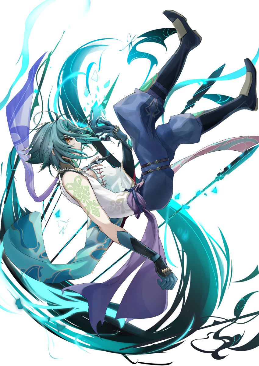 1boy absurdres aqua_gemstone arm_tattoo asymmetrical_clothes bead_necklace beads blue_pants closed_mouth detached_sleeves diamond-shaped_pupils diamond_(shape) genshin_impact gloves green_gloves green_hair highres holding jewelry liu_liu male_focus necklace pants pearl_necklace polearm simple_background single_detached_sleeve solo spear symbol-shaped_pupils tassel tattoo weapon white_background xiao_(genshin_impact) yellow_eyes