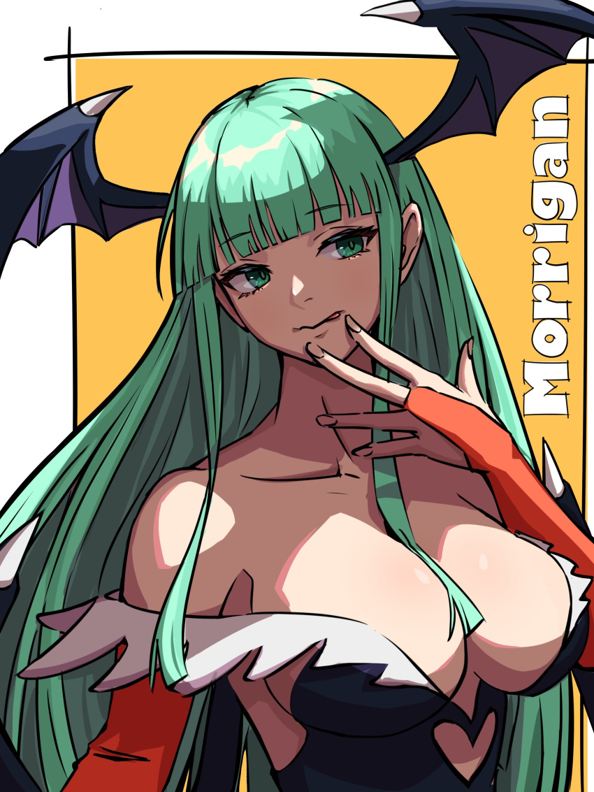 1girl absurdres ap_cammy black_leotard breasts character_name clothing_cutout green_eyes green_hair head_wings heart_cutout highres hime_cut leotard long_hair morrigan_aensland solo strapless strapless_leotard tongue tongue_out vampire_(game) wings