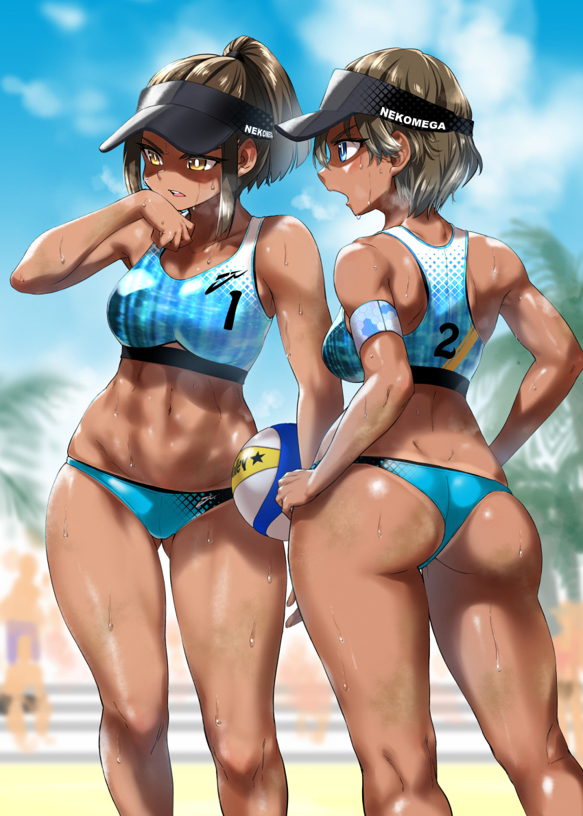 2girls absurdres armband ass ball bare_shoulders bikini blue_eyes blue_sky breasts brown_hair cloud cloudy_sky collarbone dark-skinned_female dark_skin day hand_on_own_hip hand_up highres holding long_hair medium_breasts multiple_girls navel nekoguchi number_print open_mouth original outdoors palm_leaf palm_tree ponytail shiny_skin short_hair sky sports_bikini stomach sweat sweatdrop swimsuit tan tanlines teeth thighs tree upper_teeth_only visor_cap volleyball_(object) yellow_eyes