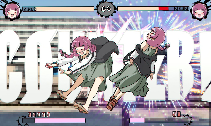 1girl alcohol_carton black_jacket bocchi_the_rock! clone dress fake_screenshot fighting_game green_dress guilty_gear hiroi_kikuri jacket purple_hair sleeveless sleeveless_dress torako_(toramaru)