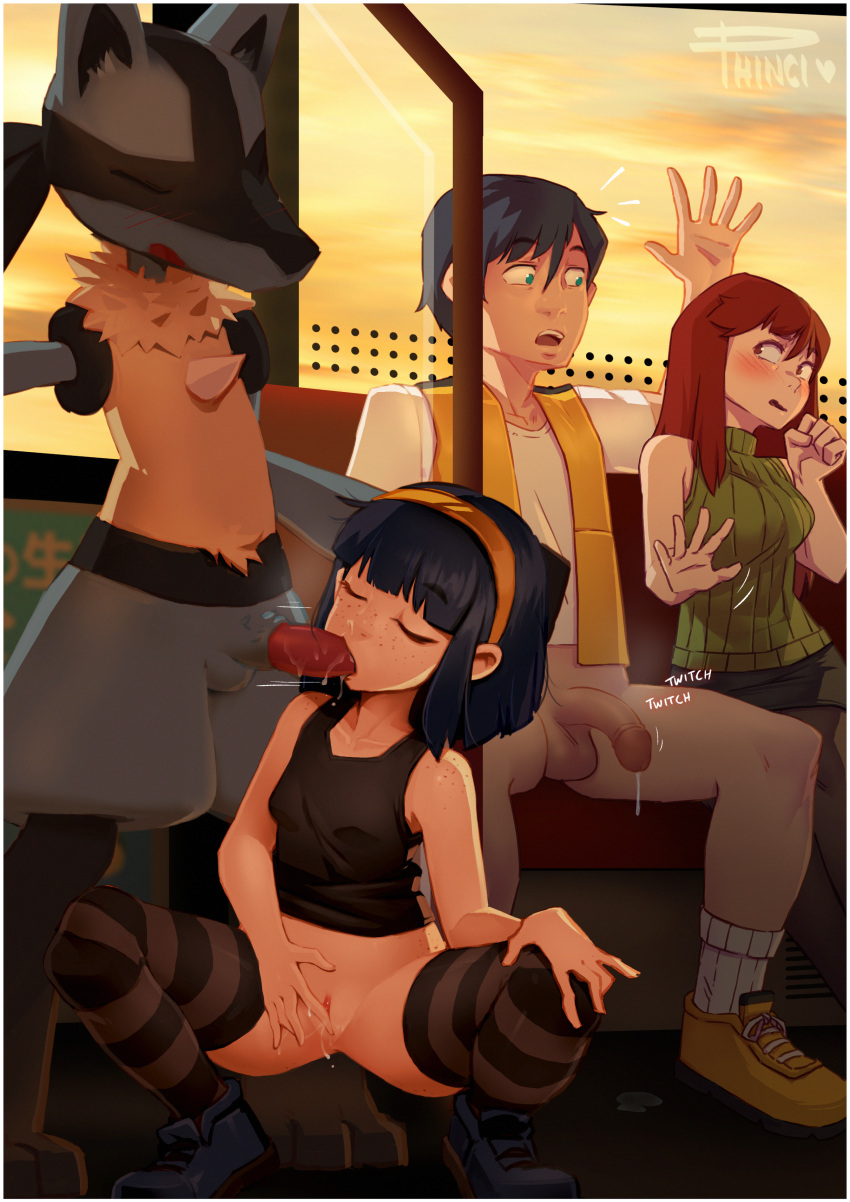 2boys 2girls absurdres artist_name bare_shoulders bench black_hair black_pantyhose black_skirt black_tank_top black_thighhighs blue_eyes blue_footwear blunt_bangs blunt_ends blush bob_cut body_freckles border bottomless breasts brother_and_sister clenched_hand closed_eyes cloud cloudy_sky collarbone commentary cum cumdrip dripping dusk english_commentary eye_contact fellatio female_masturbation flaccid freckles green_sweater grey_thighhighs hair_between_eyes hair_over_shoulder hairband hand_on_own_crotch hand_on_own_knee hand_up hetero highres interspecies kasia_mikolajczyk long_hair looking_at_another lucario masturbation medium_breasts miniskirt multiple_boys multiple_girls no_male_underwear no_pants notice_lines on_bench open_mouth oral original pantyhose penis phinci pokemon pokephilia public_indecency public_nudity pussy pussy_juice red_hair ribbed_sweater saliva shirt shoes siblings signature sitting skirt sky sleeveless sleeveless_sweater sleeveless_turtleneck small_breasts sneakers spread_fingers spread_legs squatting striped_clothes striped_thighhighs sunset sweater tank_top teeth testicles thighhighs train_interior turtleneck two-tone_shirt uncensored upper_teeth_only very_long_hair vest white_border white_shirt wide_spread_legs yellow_footwear yellow_hairband yellow_vest