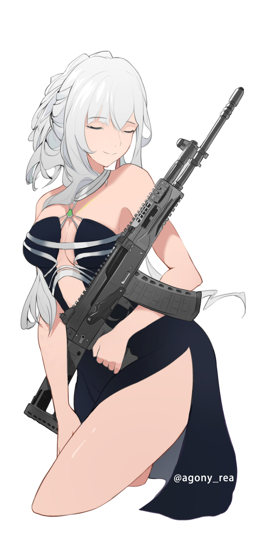 1girl agony_leer ak-12 ak-12_(girls'_frontline) ak-12_(quiet_azure)_(girls'_frontline) assault_rifle blue_dress breasts cleavage closed_eyes cowboy_shot cropped_legs dress girls'_frontline gun halter_dress halterneck highres holding holding_gun holding_weapon kalashnikov_rifle long_hair official_alternate_costume rifle smile solo weapon white_background white_hair
