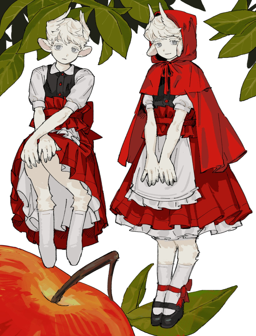 1boy animal_ears animal_feet ankle_socks apple apron back_bow black_footwear blue_eyes body_fur bow bright_pupils cape collared_dress cosplay crossdressing digitigrade dress food frilled_apron frilled_dress frills fruit hair_wings hands_on_own_knee highres hood hood_up hooded_cape horizontal_pupils layered_dress leaf leg_ribbon little_red_riding_hood_(grimm) little_red_riding_hood_(grimm)_(cosplay) looking_at_viewer male_focus mary_janes monster_boy multiple_views original puffy_short_sleeves puffy_sleeves quietgom red_bow red_cape red_dress red_ribbon ribbon sheep_boy sheep_ears shoes short_hair short_sleeves smile socks standing white_apron white_background white_fur white_hair white_socks