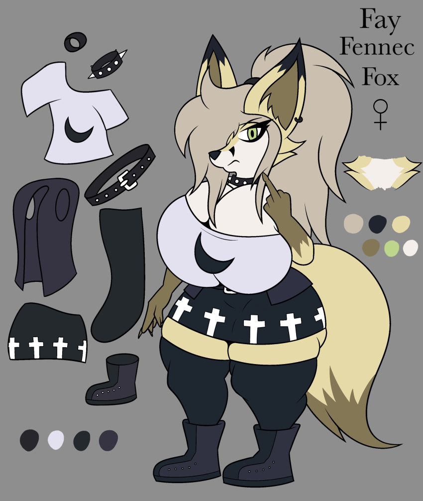 absurd_res anthro big_breasts big_butt breasts butt canid canine clothed clothing digital_media_(artwork) fay_(fennythefox) female fennec fennythefox fox fur gesture hair hi_res huge_breasts huge_butt looking_at_viewer mammal middle_finger model_sheet simple_background solo tail text thick_thighs topwear wide_hips