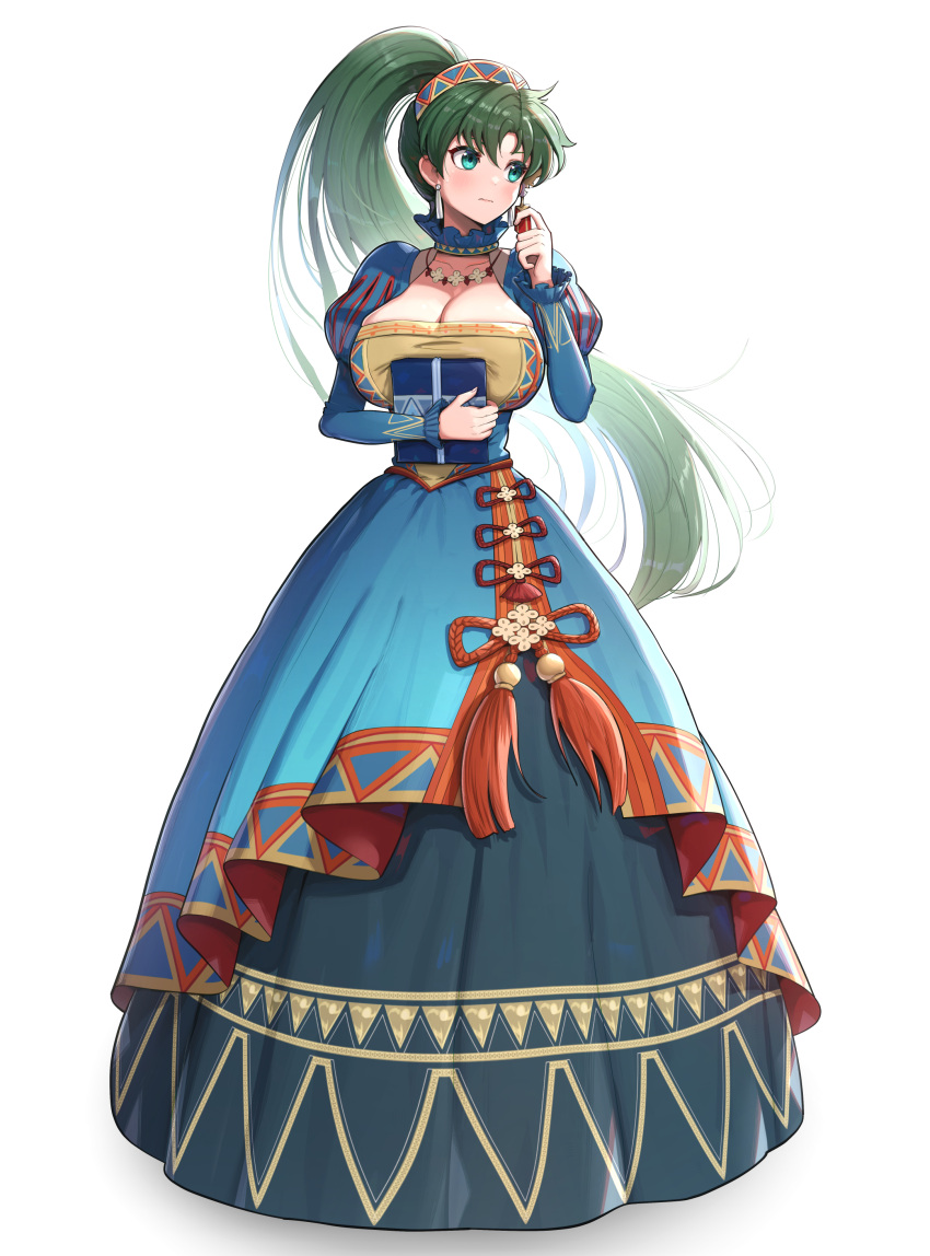 1girl absurdres blue_dress breasts cleavage closed_mouth collarbone commentary_request detached_sleeves dress earrings fingernails fire_emblem fire_emblem:_the_blazing_blade fire_emblem_heroes full_body gift gonzarez green_eyes grey_hair hair_ornament high_ponytail highres holding holding_gift jewelry large_breasts lips long_dress long_hair long_sleeves lyn_(fire_emblem) lyn_(valentine)_(fire_emblem) necklace ponytail puffy_sleeves white_background