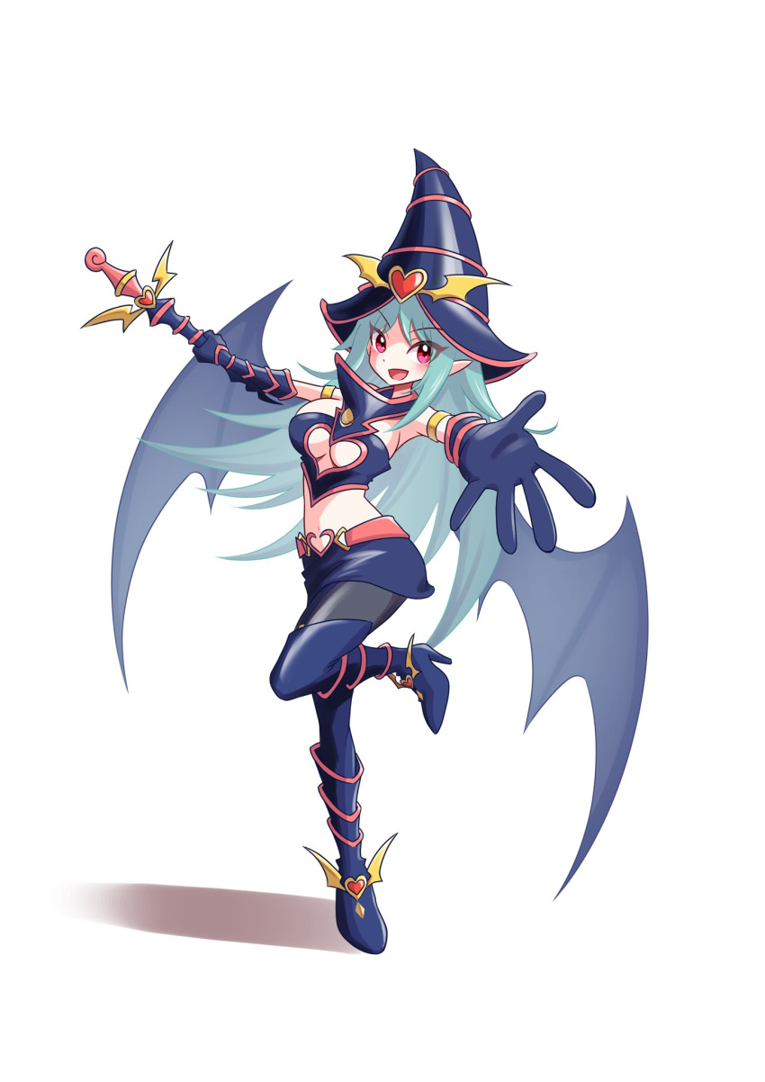 1girl bat_wings blue_hair blue_skirt boots breasts chocolate_magician_girl clothing_cutout crop_top duel_monster full_body gloves hat highres leg_up long_hair looking_at_viewer midriff navel pointy_ears red_eyes sengenjin31 shirt skirt sleeveless sleeveless_shirt smile solo underboob underboob_cutout very_long_hair wand wings witch_hat yu-gi-oh!