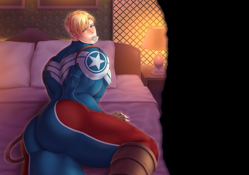 1boy ass bara bed blonde_hair blue_bodysuit blush bodysuit brown_gloves captain_america captain_america_(series) condom condom_in_mouth covered_nipples gloves indoors large_pectorals looking_at_viewer male_focus marvel mouth_hold multicolored_bodysuit multicolored_clothes muscular muscular_male mxsxe on_bed pectorals red_bodysuit short_hair solo steve_rogers thick_thighs thighs white_bodysuit