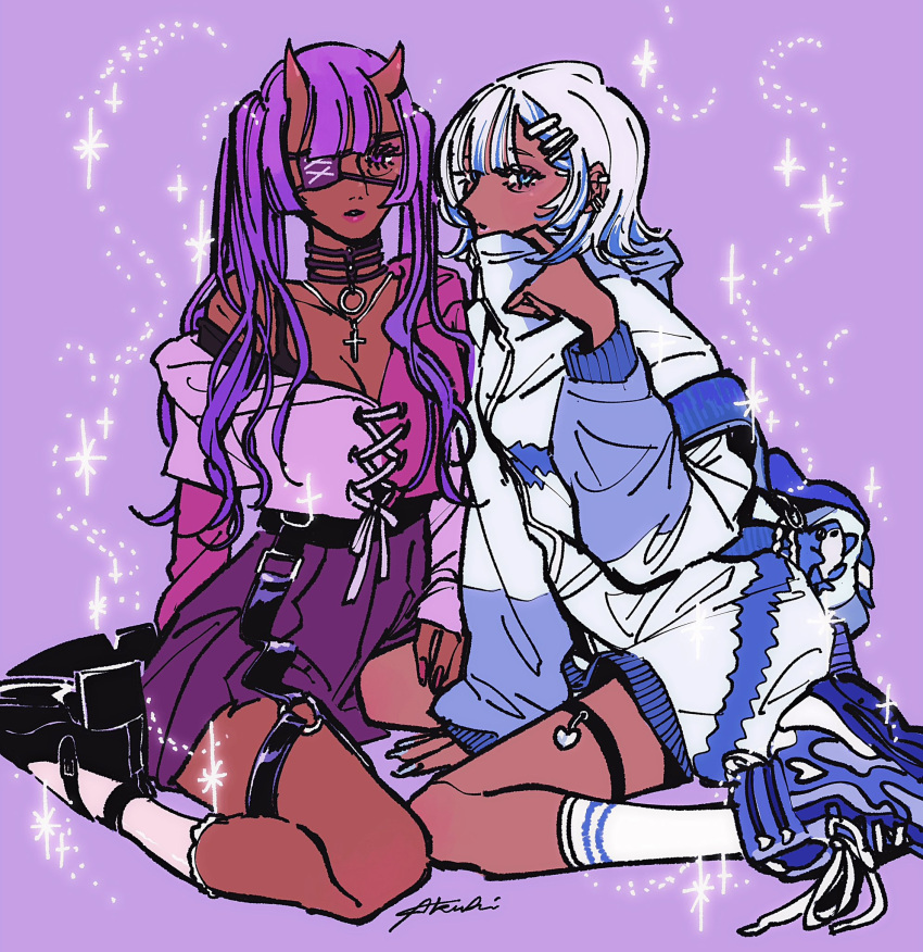 2girls check_copyright colored_skin copyright_request demon_girl earrings eyepatch green_eyes hair_around_ear highres horns jewelry long_hair looking_at_viewer multiple_girls neck_ribbon original purple_background purple_eyes purple_hair purple_skirt red_skin ribbon skirt tag twintails twuky white_hair