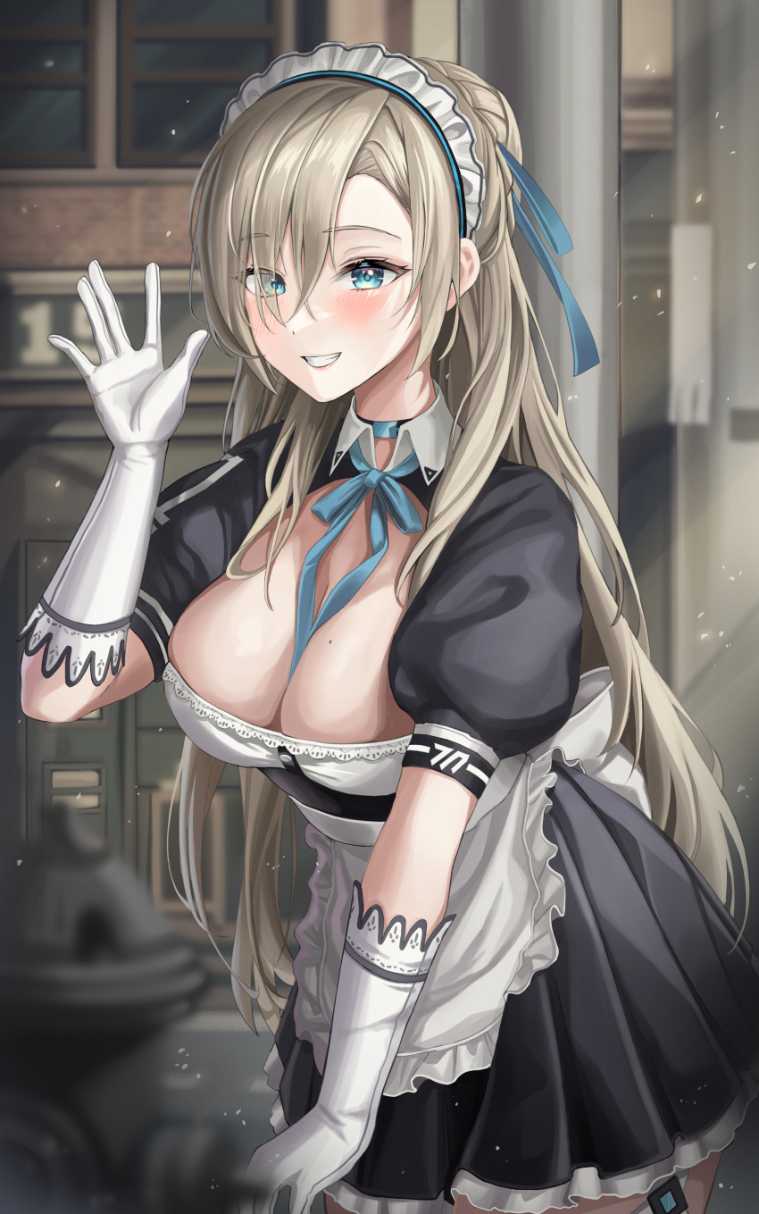 1girl absurdres apron asuna_(blue_archive) black_dress blue_archive blue_eyes blue_ribbon blush breasts cowboy_shot dress frilled_apron frills gloves grin hair_over_one_eye highres illust_sucong large_breasts light_brown_hair long_hair looking_at_viewer maid maid_apron maid_headdress mole mole_on_breast neck_ribbon puffy_short_sleeves puffy_sleeves ribbon short_sleeves smile solo white_apron white_gloves