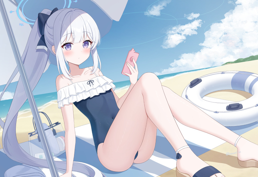1girl ass bare_arms bare_legs bare_shoulders beach black_one-piece_swimsuit blue_archive blue_halo blush casual_one-piece_swimsuit cellphone closed_mouth day frilled_one-piece_swimsuit frills halo highres holding holding_phone kurumi_lm long_hair looking_at_viewer miyako_(blue_archive) miyako_(swimsuit)_(blue_archive) ocean off-shoulder_one-piece_swimsuit off_shoulder official_alternate_costume official_alternate_hairstyle one-piece_swimsuit outdoors parasol phone ponytail purple_eyes sandals smartphone solo swimsuit umbrella white_hair