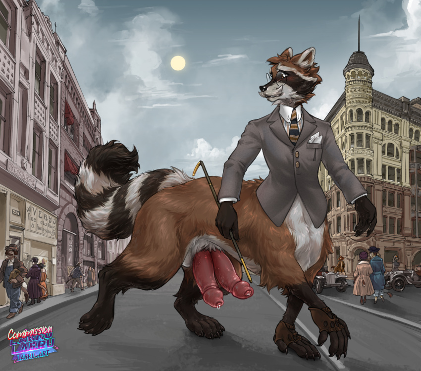 2_penises bottomless_taur brown_body brown_fur casual_exposure city city_background detailed_background diphallism embarrassed english_text feet foreskin fur genitals hi_res horizontal_diphallism larru-larru mammal mammal_taur multi_genitalia multi_penis penis prehensile_feet procyonid procyonid_taur raccoon raccoon_taur suit_and_tie taur text toes