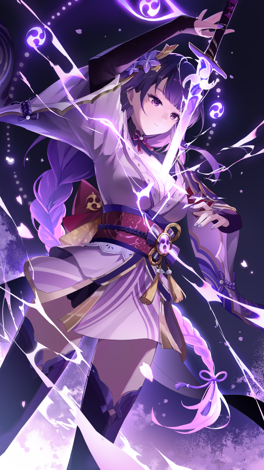 1girl absurdres braid braided_ponytail breasts cleavage dutch_angle floating_hair genshin_impact gradient_hair grey_kimono highres human_scabbard japanese_clothes katana kimono long_hair medium_breasts morimori_(14292311) multicolored_hair nail_polish pink_hair purple_hair purple_nails purple_thighhighs raiden_shogun short_kimono single_braid solo standing sword thighhighs very_long_hair weapon wide_sleeves zettai_ryouiki