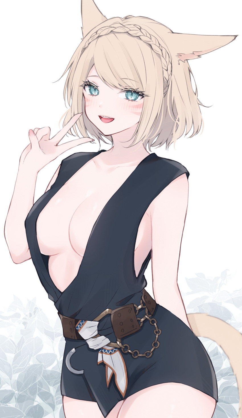 1girl absurdres animal_ears belt black_dress blonde_hair blue_eyes blush braid breasts cat_ears cat_girl cat_tail cleavage collarbone commentary cowboy_shot crown_braid dress facial_mark final_fantasy final_fantasy_xiv highres large_breasts looking_at_viewer miqo'te plunging_neckline sana_(sanamaru_0w0) short_hair simple_background sleeveless sleeveless_dress smile solo tail teeth upper_teeth_only v warrior_of_light_(ff14) whisker_markings white_background