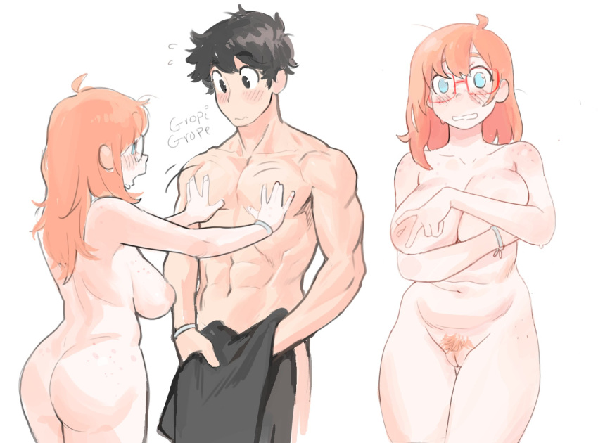 1boy 1girl arms_up ass black_eyes black_hair blue_eyes blush body_freckles breasts colo_(nagrolaz) covering_privates embarrassed freckles glasses groping highres huge_breasts huge_nipples inverted_nipples kyler_(sweethex) long_hair looking_at_another looking_at_chest muscular muscular_male nude orange_hair orange_pubic_hair plump pubic_hair pussy red-framed_eyewear rita_(sweethex) short_hair sweethex white_wristband