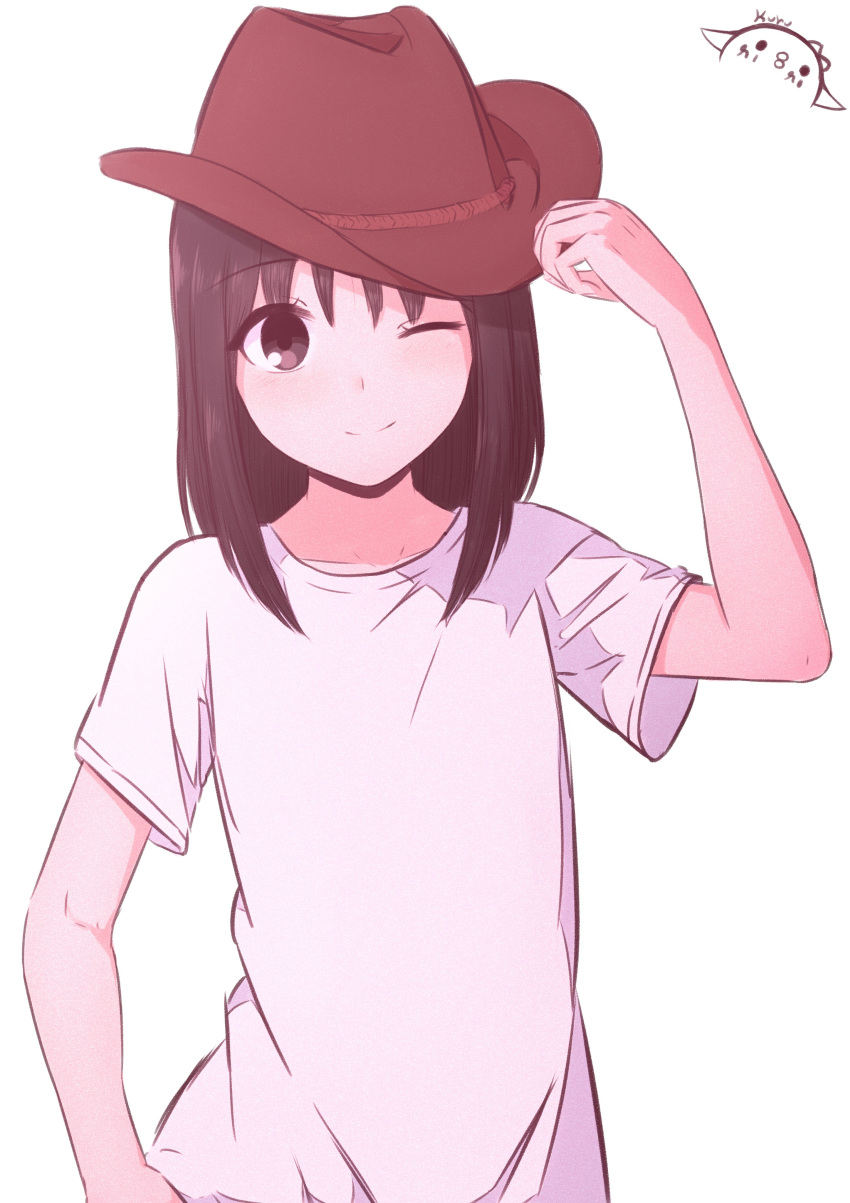 1girl absurdres artist_logo artist_name azumanga_daioh brown_eyes brown_hair brown_headwear casual closed_mouth commentary cowboy_hat english_commentary hand_on_headwear hand_on_own_hip hand_up hat hat_tip highres kasuga_ayumu kurumimi_birb looking_at_viewer medium_hair one_eye_closed shirt short_sleeves signature simple_background smile solo standing t-shirt upper_body white_background white_shirt