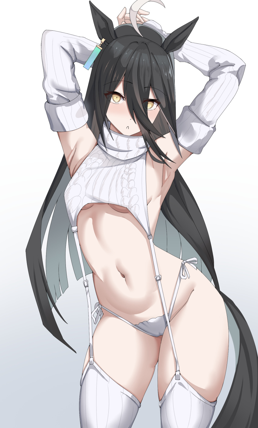 1girl absurdres ahoge animal_ears armpits black_hair commentary_request earrings garter_straps highres horse_ears horse_girl horse_tail jewelry lengkuass long_bangs long_hair manhattan_cafe_(umamusume) meme_attire panties single_earring sleeves_past_wrists solo tail umamusume underwear virgin_destroyer_sweater white_background white_panties white_sleeves yellow_eyes