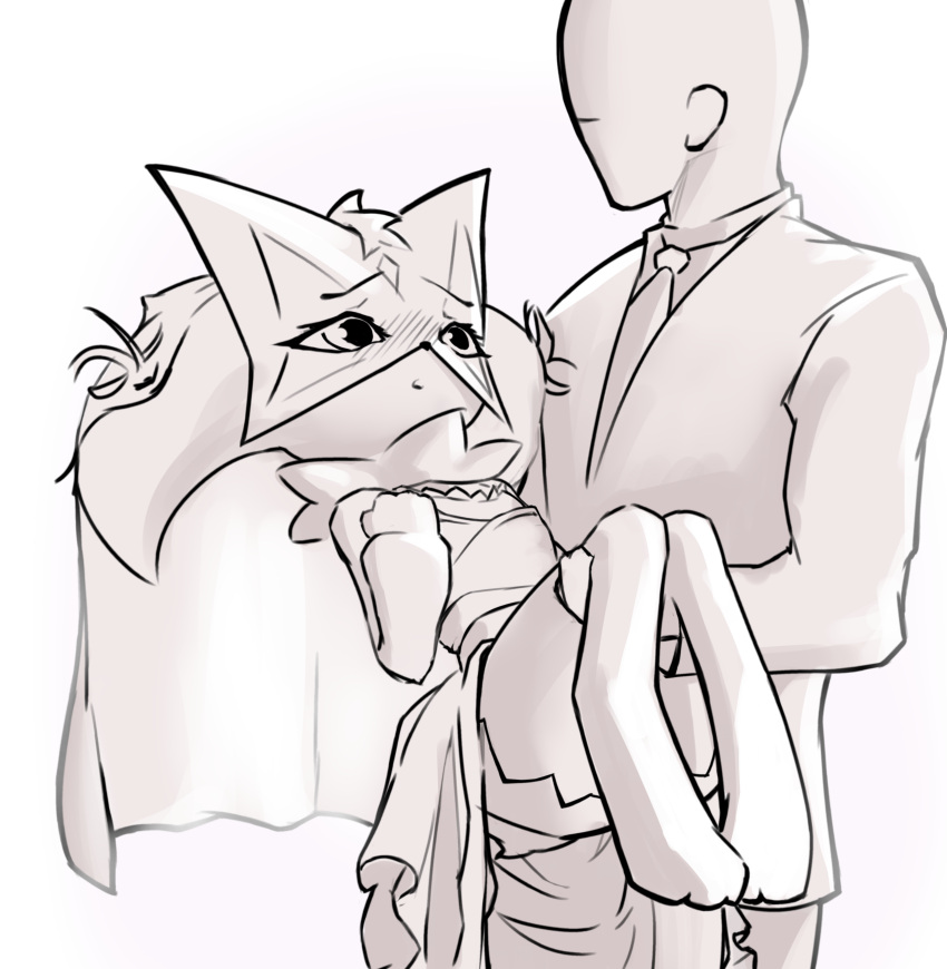 absurd_res anthro bride clothed clothing dress duo eye_contact faceless_character faceless_male felid feline female generation_9_pokemon held_up hi_res human human_on_anthro interspecies looking_at_another love male male/female mammal meowscarada nintendo noconcession pokemon pokemon_(species) pokephilia romantic romantic_couple wedding wedding_dress